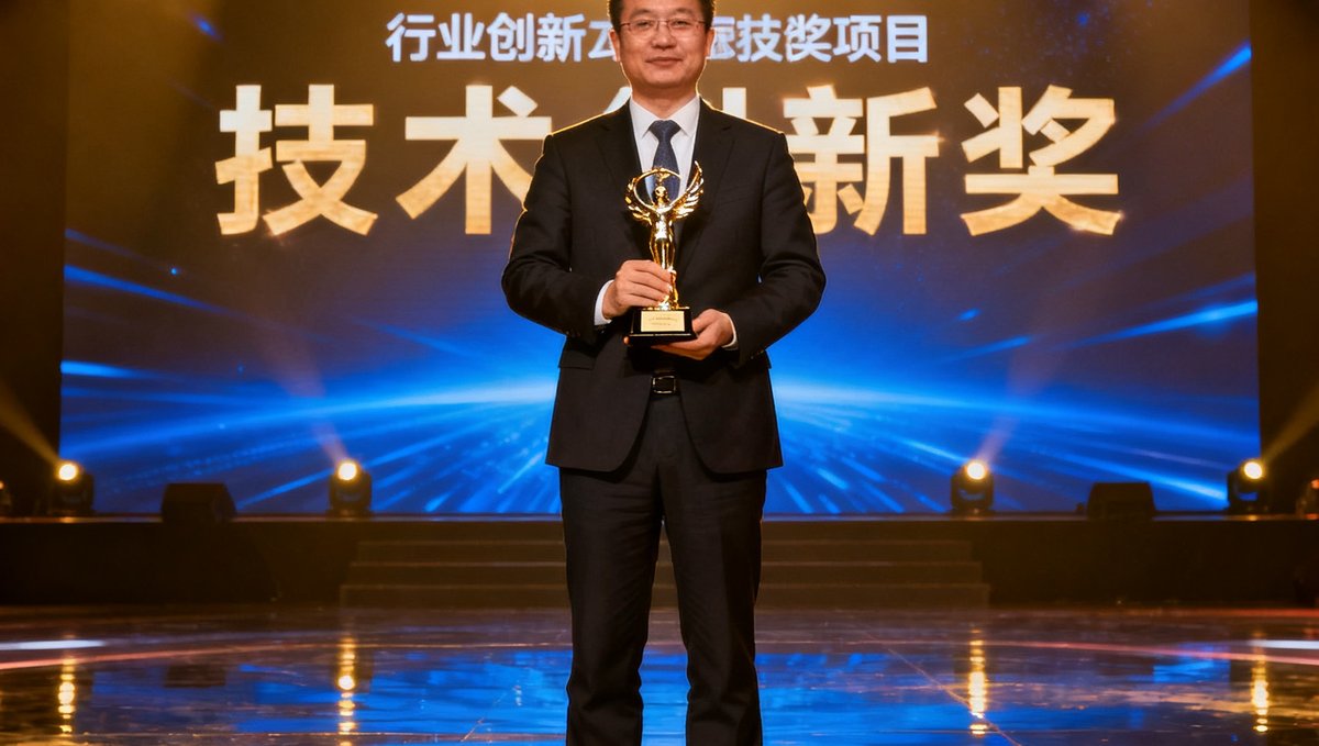 DS视讯代表在行业颁奖典礼上领取技术创新奖杯，舞台灯光璀璨，背景大屏显示着DS视讯的logo和获奖项目名称。