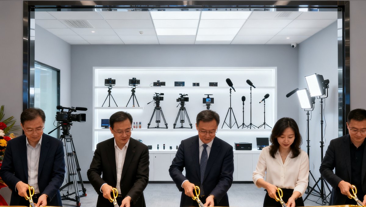 DS视讯成都技术服务中心开业仪式现场：公司高管共同剪彩，新办公室内部装修现代明亮，展示着直播设备的陈列墙。